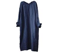 NFYM Damen handgemachtes Nähen Naturleinen Tunika Kleid Midi Lange Lose Pullover Kleider mit Taschen, Blau, Einheitsgröße