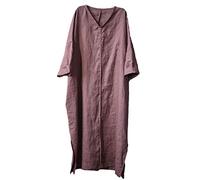 NFYM Damen Handmade Leinen Tunika Kleid Rundhals Lose Gerade Midi Lange Kleider mit Taschen, dunkelrosa, Einheitsgröße