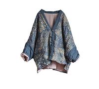 NFYM Damen-Herbstjacke, leicht, dünn, gesteppt, vorne offen, Vintage, bedruckt, Patchwork, kurze Mäntel, Blau, Einheitsgröße