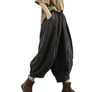 NFYM Damen-Hose mit weitem Bein, elastischer Bund, Baumwollleinen, Used-Look, Patchwork, Kürbis-Stil, weites Bein, 3/4-Länge, kurze Hose, Schwarz, Einheitsgröße