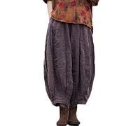 NFYM Damen-Hose mit weitem Bein, elastischer Bund, Baumwollleinen, Used-Look, Patchwork, Kürbis-Stil, weites Bein, 3/4-Länge, kurze Hose, Dunkles Violett, Einheitsgröße