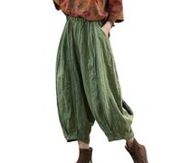 NFYM Damen-Hose mit weitem Bein, elastischer Bund, Baumwollleinen, Used-Look, Patchwork, Kürbis-Stil, weites Bein, 3/4-Länge, kurze Hose, Grün , Einheitsgröße