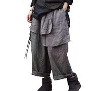 NFYM Damen-Hose mit weitem Bein, Leinen, unregelmäßig, geschichtet, elastische Taille, locker, Vintage-Patchwork, Retro, kurze Hose, GRAU, X-Groß