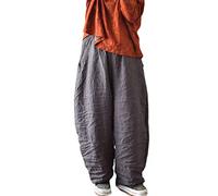 NFYM Damen-Hose, schmal, 100 % Leinen, weites Bein, elastische Taille, lässig, locker, knöchellange Hose, Tiefes grau, Einheitsgröße
