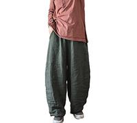 NFYM Damen Hosen, Frauen Tapered Hosen 100% Leinen Breite Bein Elastische Taille Casual Lose Ankle Länge Hosen, Dunkelgrün, one size
