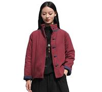 NFYM Damen-Jacke, gesteppt, leicht, kurz, Stehkragen, Oberbekleidung, Baumwolle, Leinen, gepolstert, chinesischer Stil, Weinrot, Einheitsgröße