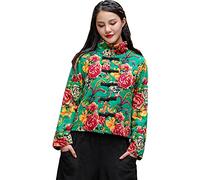 NFYM Damen-Jacke, gesteppt, leicht, Pfingstrose, Blumendruck, chinesischer Tang-Anzug, Stil, Winter, Baumwolle, Leinen, kurze Mäntel, Grüne Pfingstrose., XL