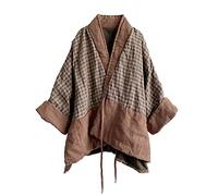 NFYM Damen-Kimono, kurze Jacke, Retro-Patchwork, kariert, warm, gesteppt, zum Schnüren, Parkas, Baumwolle, Leinen, bequeme Mäntel, Braun, Einheitsgröße