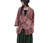 NFYM Damen-Kimono, langärmelig, vorne offen, Baumwolle, Leinen, Vintage-Stil, Batikfärbung, Hanfu, selbstbindend, Strickjacke, Oberbekleidung, Pink - Vintage Pink, Einheitsgröße