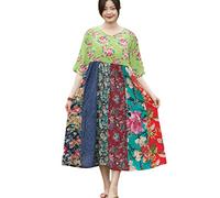 NFYM Damen Kurzarm Vintage Ethnic Style Floral Printed Patchwork Loose Fit Bohemian Tunika Kleid, Grün , Mittel