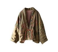 NFYM Damen Kurze Steppjacke Gedruckt Open Front V-Ausschnitt Schalkragen Drop Shoulder Vintage Outwear, Grün , Einheitsgröße