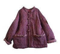 NFYM Damen Kurze Wintermäntel Steppjacke Leichte Jacke Mantel Chinesischer Tanganzug Baumwolle Leinen Outwear mit Taschen, Weinrot, Einheitsgröße