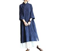 NFYM Damen Langarm Chinesische Qipao Kleider Frühling Herbst Stehkragen Baumwolle Jacquard Cheongsam Kleider, blau, Einheitsgröße