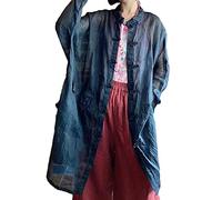 NFYM Damen Lange Jacke Dünn Kimono Vintage Chinesisch Frosch Knopf Umhang Trench Taschen Leinen Bluse Lose Lange Hemd Kleider, schwarz, Einheitsgröße