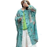 NFYM Damen Lange Jacke Dünn Kimono Vintage Chinesisch Frosch Knopf Umhang Trench Taschen Leinen Bluse Lose Lange Hemd Kleider, Grün , Einheitsgröße