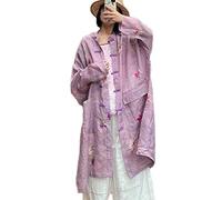 NFYM Damen Lange Jacke Dünn Kimono Vintage Chinesisch Frosch Knopf Umhang Trench Taschen Leinen Bluse Lose Lange Hemd Kleider, violett, Einheitsgröße