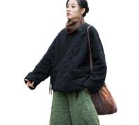 NFYM Damen Leichte Baumwolle Gesteppte Wickelmantel Cardigan Tie Up Open Front Warme Jacke mit Tasche, Schwarz, Einheitsgröße