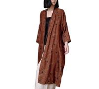 NFYM Damen leichte Kimono-Jacke Baumwollgarn bedruckt Schnürung Vintage lockerer Cardigan offene Vorderseite Trenchcoat Oberbekleidung, Kaffee, One Size