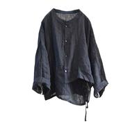 NFYM Damen Leinen Asymmetrisch Hemd Top Unregelmäßiger Saum Krawatte Retro Stehkragen Knopf Bluse Shirts, Schwarz, Einheitsgröße