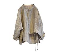 NFYM Damen Leinen Asymmetrisch Hemd Top Unregelmäßiger Saum Krawatte Retro Stehkragen Knopf Bluse Shirts, Khaki, Einheitsgröße
