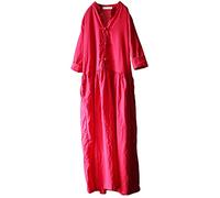 NFYM Damen Leinen Hemdkleid Hohe Taille Lose 3/4 Langarm Taschen Retro Tunika Ethnische Kleidung, rot, Einheitsgröße