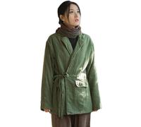 NFYM Damen Leinenanzug Steppmantel Jacken Blazer Revers Herbst Winter Wrap Krawatte vorne lose Oberbekleidung, Grün , Einheitsgröße