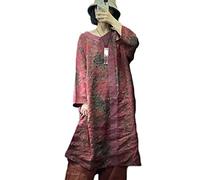 NFYM Damen Leinenkleid Langarm Retro Tunika Kleider Ethno Floral Gedruckt Patchwork Kleidung, dunkelrot, Einheitsgröße