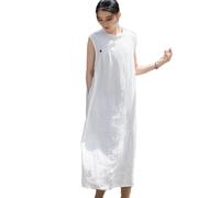 NFYM Damen Leinenkleid Sommer Ärmellos Kleider Cheongsam Qipao Kragen Retro Tank Tunika Kleid mit Taschen, Weiss/opulenter Garten, Einheitsgröße
