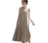 NFYM Damen Leinenkleid Sommer Ärmellos Kleider Cheongsam Qipao Kragen Retro Tank Tunika Kleid mit Taschen, Khaki, Einheitsgröße