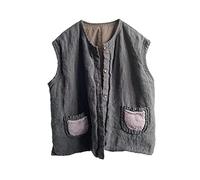 NFYM Damen Leinenweste Dünn Gesteppt Mittellange Button Down Ärmellose Jacke mit handgewebten Taschen, schwarz, Einheitsgröße