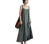 NFYM Damen-Maxikleid aus Leinen, lässig, locker, ärmellos, verstellbar, Spaghettiträger, Batik, Strandkleid, Maxikleid, Dunkelgrün, Einheitsgröße