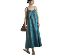 NFYM Damen-Maxikleid aus Leinen, lässig, locker, ärmellos, verstellbar, Spaghettiträger, Batik, Strandkleid, Maxikleid, Seeblau, Einheitsgröße