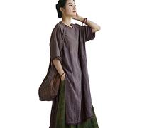 NFYM Damen-Midikleid aus Leinen, kurzärmelig, Seitenschlitz, Used-Look, ausgefranst, Tunika-Kleider, Dunkles Violett, Einheitsgröße