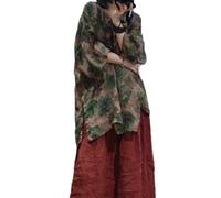 NFYM Damen Ramie Gedruckt Langarm Tunika Top V-Ausschnitt Tie Front Schlitz Artistic Retro Loose Shirt, Grün , Einheitsgröße