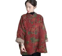 NFYM Damen Reichtum Blumenmuster Stehkragen Chinesische Jacke Traditioneller Froschknopf Cheongsam Stil Lose Gepolsterter Mantel, Red Flower, Einheitsgröße Große Größen
