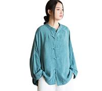 NFYM Damen Retro Button-Down-Shirt, vorne offen, lange Ärmel, chinesischer Stil, lockere Passform, Tang-Anzug, Bluse, Tops, Seeblau, Einheitsgröße