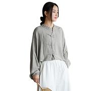NFYM Damen Retro Button-Down-Shirt, vorne offen, lange Ärmel, chinesischer Stil, lockere Passform, Tang-Anzug, Bluse, Tops, GRAU, Einheitsgröße