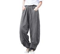 NFYM Damen Sommer Baumwolle Leinen Cropped Hose Weites Bein Elastische Taille Relax Fit Casual Baggy Hose, grau, Groß