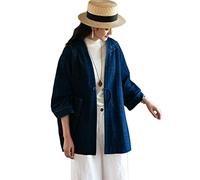 NFYM Damen Sommer Leichte Leinen Kimono Jacke Langarm Open Front Einzigartige Knopfleiste Gestreifte Lose Oberbekleidung, Tiefes Blau, Einheitsgröße
