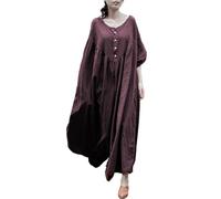 NFYM Damen Sommer Oversize Kurzarm Casual Relaxed Fit Leinen Baumwolle Lange Kaftan Robe Baggy Kleid, Dunkles Violett, Einheitsgröße Mehr