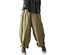 NFYM Damen Tapered Pants 100% Leinen Weites Bein Elastische Taille Casual Lose Knöchellange Hose, Olivgrün, Einheitsgröße