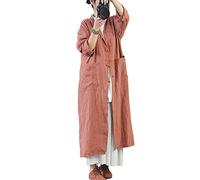 NFYM Damen Trenchcoat aus Baumwollleinen, mit Knopfständer, einfarbig, lange Ärmel, Taschen, Orange, Einheitsgröße