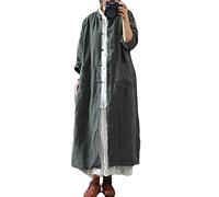 NFYM Damen Vintage Baumwoll-Leinen Trenchcoats Knopfverschluss Stehkragen Einfarbig Langarm Taschen Lange Jacken, Olivgrün, Einheitsgröße