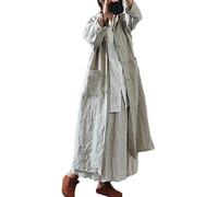 NFYM Damen Vintage Baumwoll-Leinen-Trenchcoats mit Knöpfen, Stehkragen, einfarbig, langärmelig, mit Taschen, lange Jacken, Leinen, Einheitsgröße