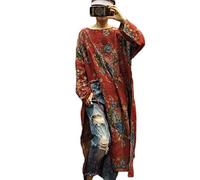 NFYM Damen Vintage Blumendruck Kleid Baumwolle Langarm Seite High Split Kordelzug Lose Robe Kleid, Rot/Blumenmuster, Einheitsgröße