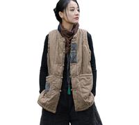 NFYM Damen Winter Oberbekleidung Weste Frosch Knöpfe Einzigartiger Patch Leichte Ärmellose Steppweste Mantel mit Tasche, Khaki, Einheitsgröße