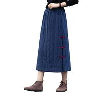 NFYM Damen Winter Warm Langer Rock Elastische Taille Gesteppt Dicke Vintage Baumwolle Leinen Rock Slim Fit mit Taschen, navy, Einheitsgröße