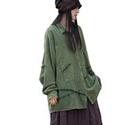 NFYM Damenhemd aus Baumwoll-Leinen, langärmelig, Used-Look, ausgefranst, Patchwork, unregelmäßig, Knopfleiste, lässig, lockere Tunika, Tops, Grün , Einheitsgröße