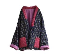 NFYM Frauen Chinesische Ethnische Nordosten Große Blume Steppjacke Patchwork Offene Front Weiche Baumwolle Gepolsterte Outwear, marineblau / rot, Einheitsgröße