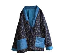 NFYM Frauen Chinesische Ethnische Nordosten Große Blume Steppjacke Patchwork Offene Front Weiche Baumwolle Gepolsterte Outwear, Marineblau, Einheitsgröße